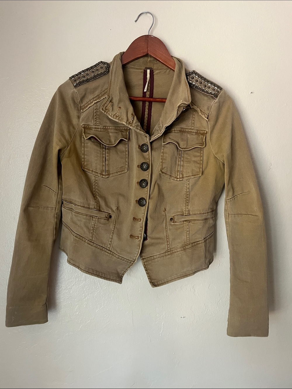 Free People Olive Military-Style Embellished Shoulder Jacket